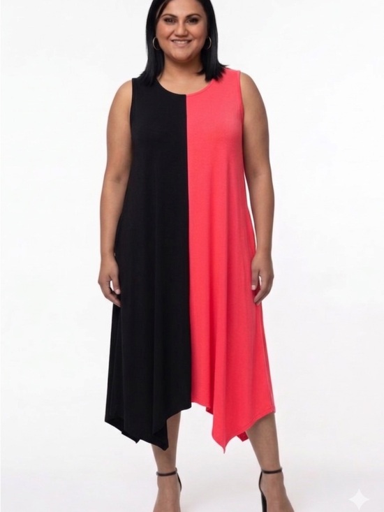 Lisa Bayne Dresses & Skirts - Sleeveless Colorblock Asymmetrical Midi Dress in Black & Hot Pink